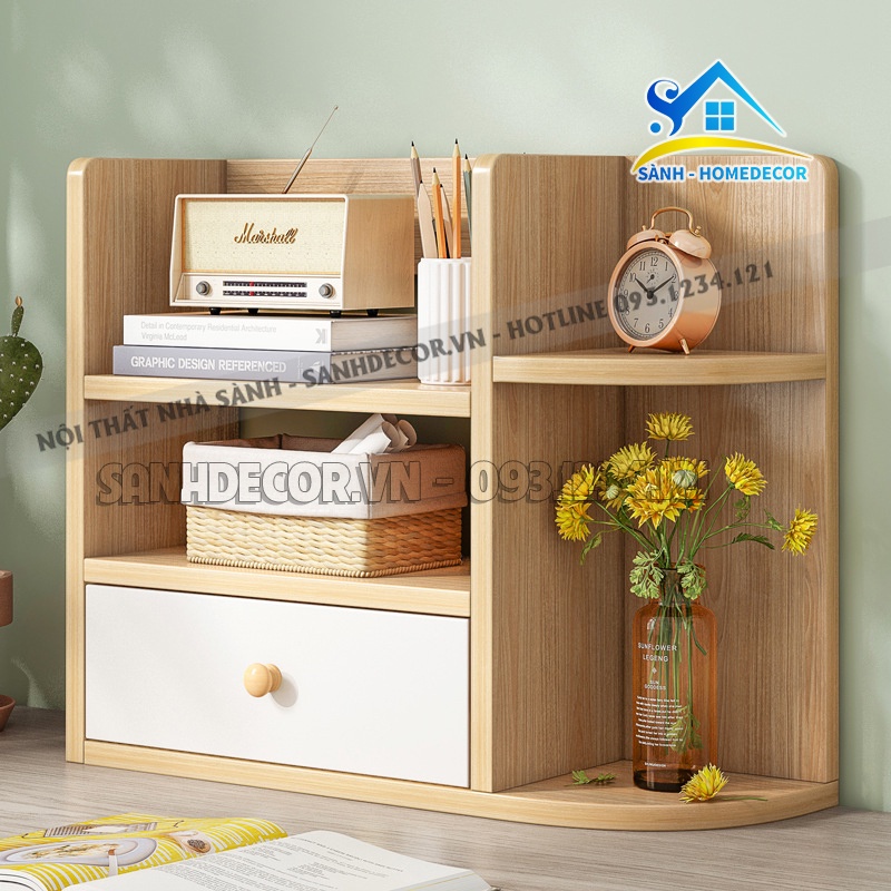 Kệ sách để bàn gỗ An Cường cao cấp mẫu đẹp, kệ sách mini có một ngăn kéo KS02 mẫu nhỏ gọn - Made by Sành