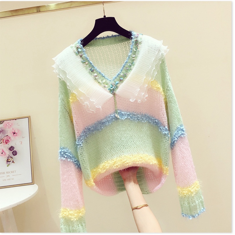 Áo len nữ đẹp, Cầu vồng màu ngăn chặn màu len mỏng đan áo len nữ búp bê cổ áo năm 2021 mùa xuân và mùa thu sản phẩm mới