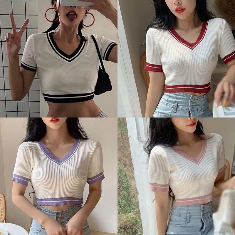 Áo Croptop Dệt Kim Tay Ngắn Thiết Kế Cổ Chữ V Quyến Rũ