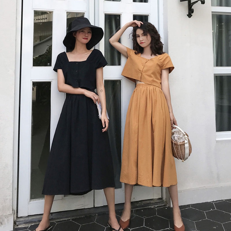 Set áo ngắn tay + chân váy chữ A dài lưng cao thời trang nữ