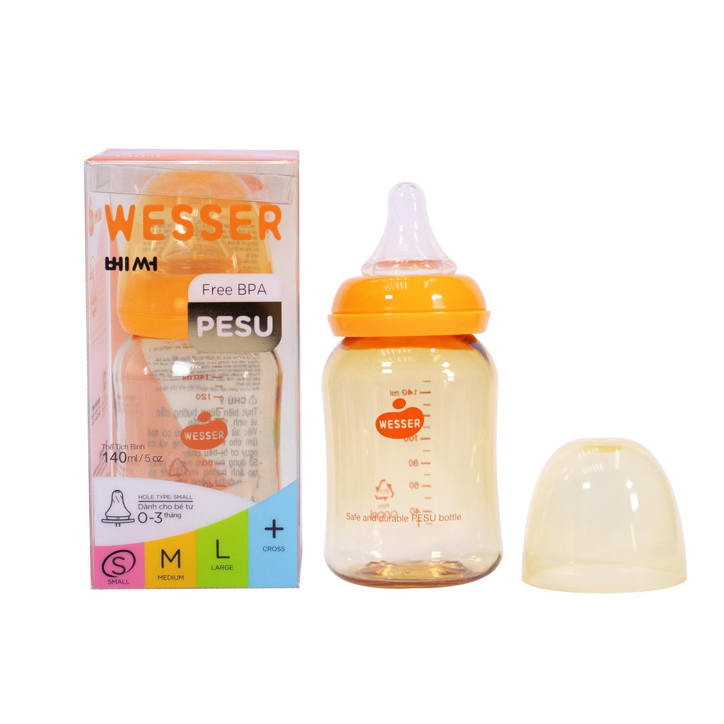 Bộ Bình sữa Wesser PESU 140ml + Núm vú Wesser Cổ hẹp size M