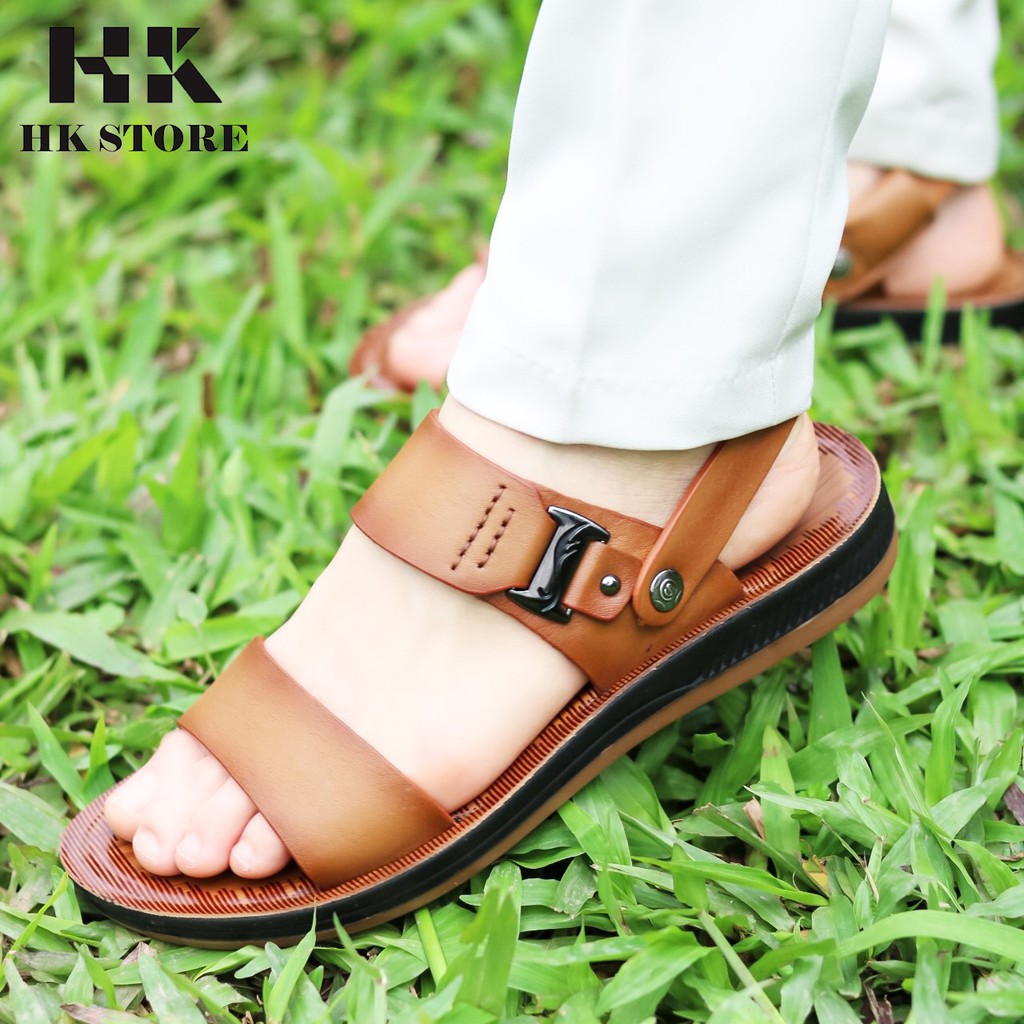 Dép sandal nam cao cấp 💝 HK.STORE 💝 trẻ chung và là da bò xịn kết hợp đế kếp cực đẹp khâu may chân quai công nghệ 2021.