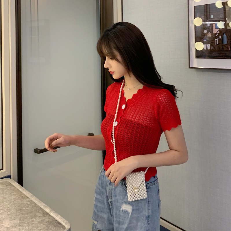 Áo len nữ ngắn tay sợi mỏng 3 màu thời trang | BigBuy360 - bigbuy360.vn