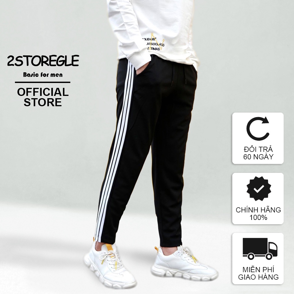 Quần Jogger Nam Đen 2STOREGLE Kiểu Dáng Ba Sọc Lửng Phong Cách Thể Thao