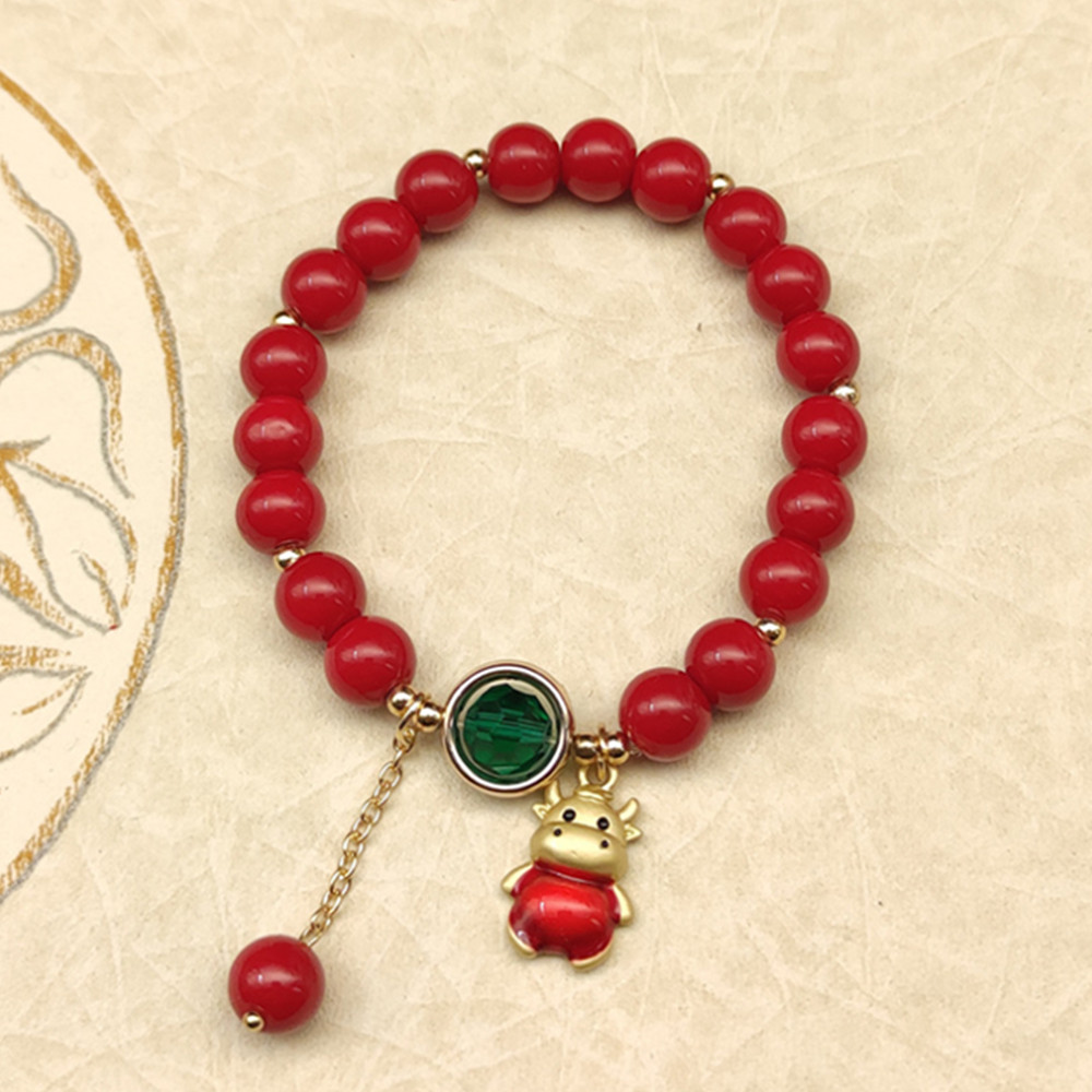 Glass Crystal Lucky Bag Red Bead Bracelet Cute Cattle Pendant Adjustable Fashion Accessories Women
