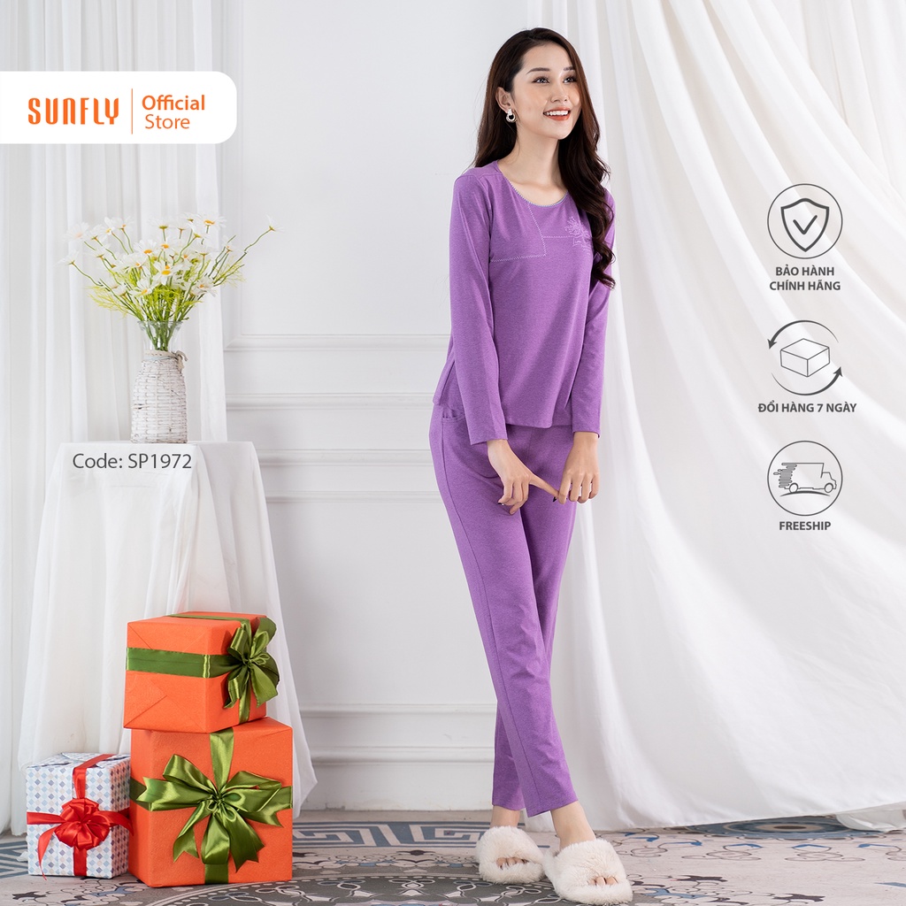 [Mã WABRMI99 giảm 12% đơn 99K]Bộ đồ mặc nhà nữ cotton SUNFLY áo dài quần dài SP1972