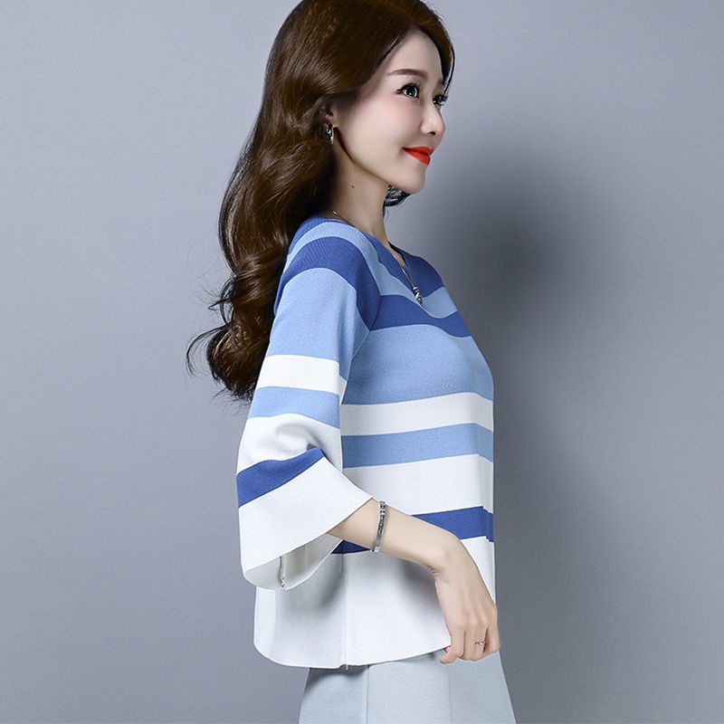 Áo Thun Lụa Dệt Kim Cổ Tròn Dáng Rộng Họa Tiết Kẻ Sọc Thời Trang Mùa Hè Cho Nữ