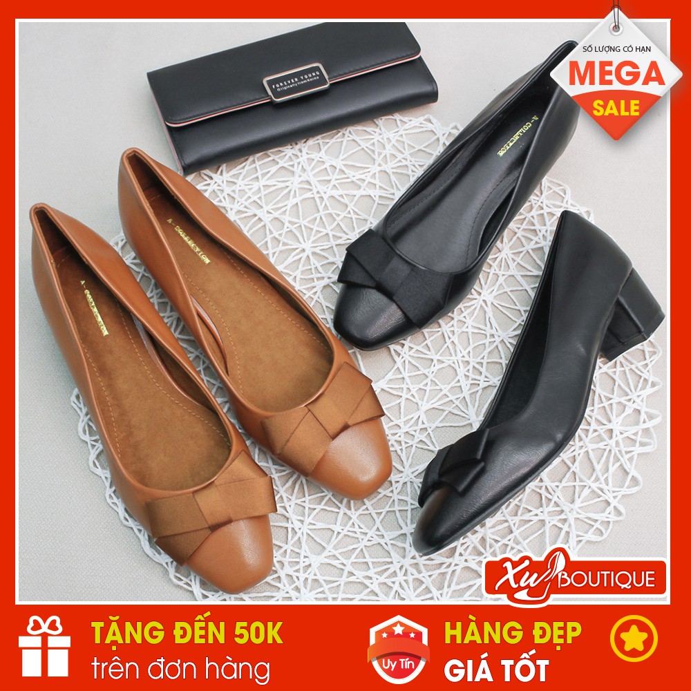 (Lẻ Size 35 SALE 149k) - Giày Cao Gót Nữ A-Collec Mũi Vuông Phối Nơ Lụa Xinh Gót Cao 3CM - Chất Da Mờ Đẹp CG259/60