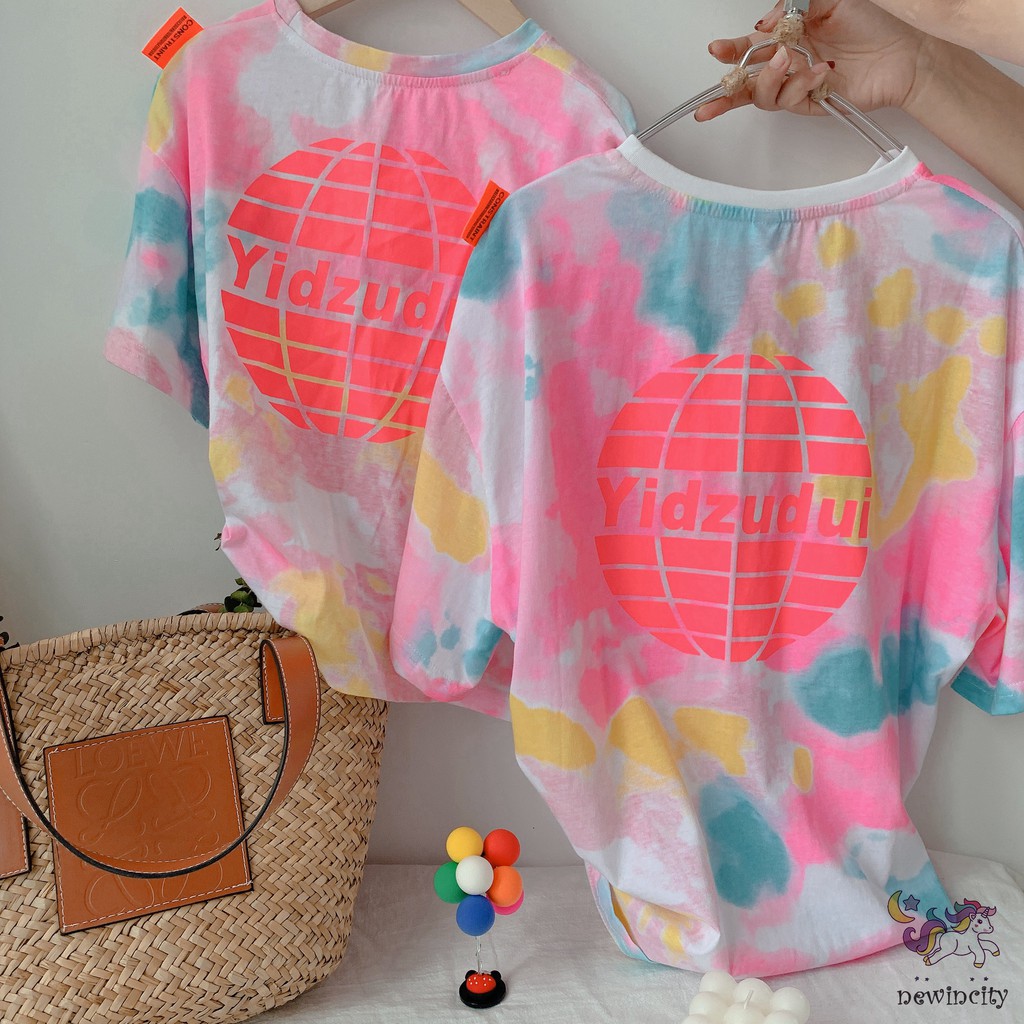 Áo Thun Tay Ngắn Họa Tiết Màu Nhuộm Phong Cách Hàn Quốc Cho Bé Gái