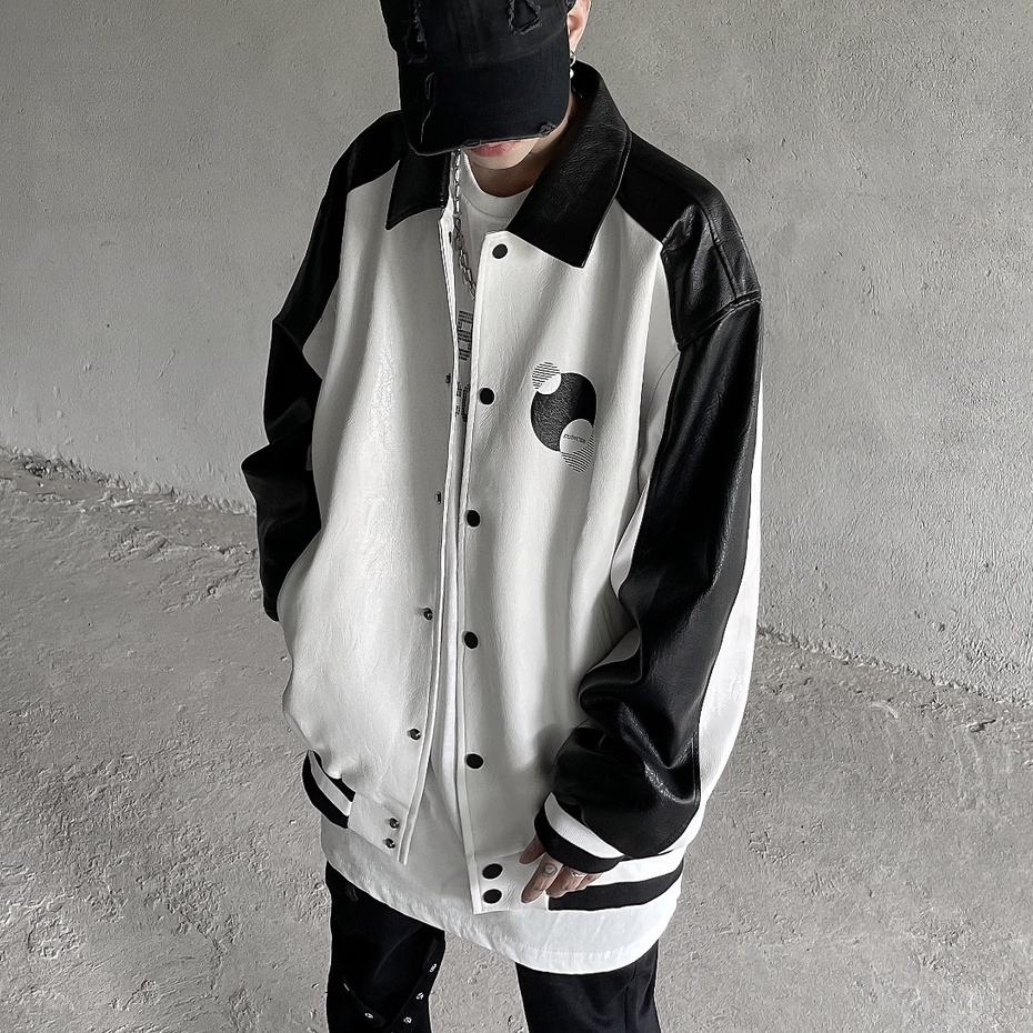 Áo khoác bóng chày bằng da PU phong cách đường phố cá tính thời trang Mỹ cho nam leather jacket