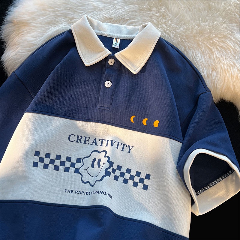 Áo Thun polo Tay Ngắn Dáng Rộng Màu Sắc Tương Phản Phong Cách Hong Kong Thời Trang Mùa Hè 2022 Dành Cho Bạn Nữ