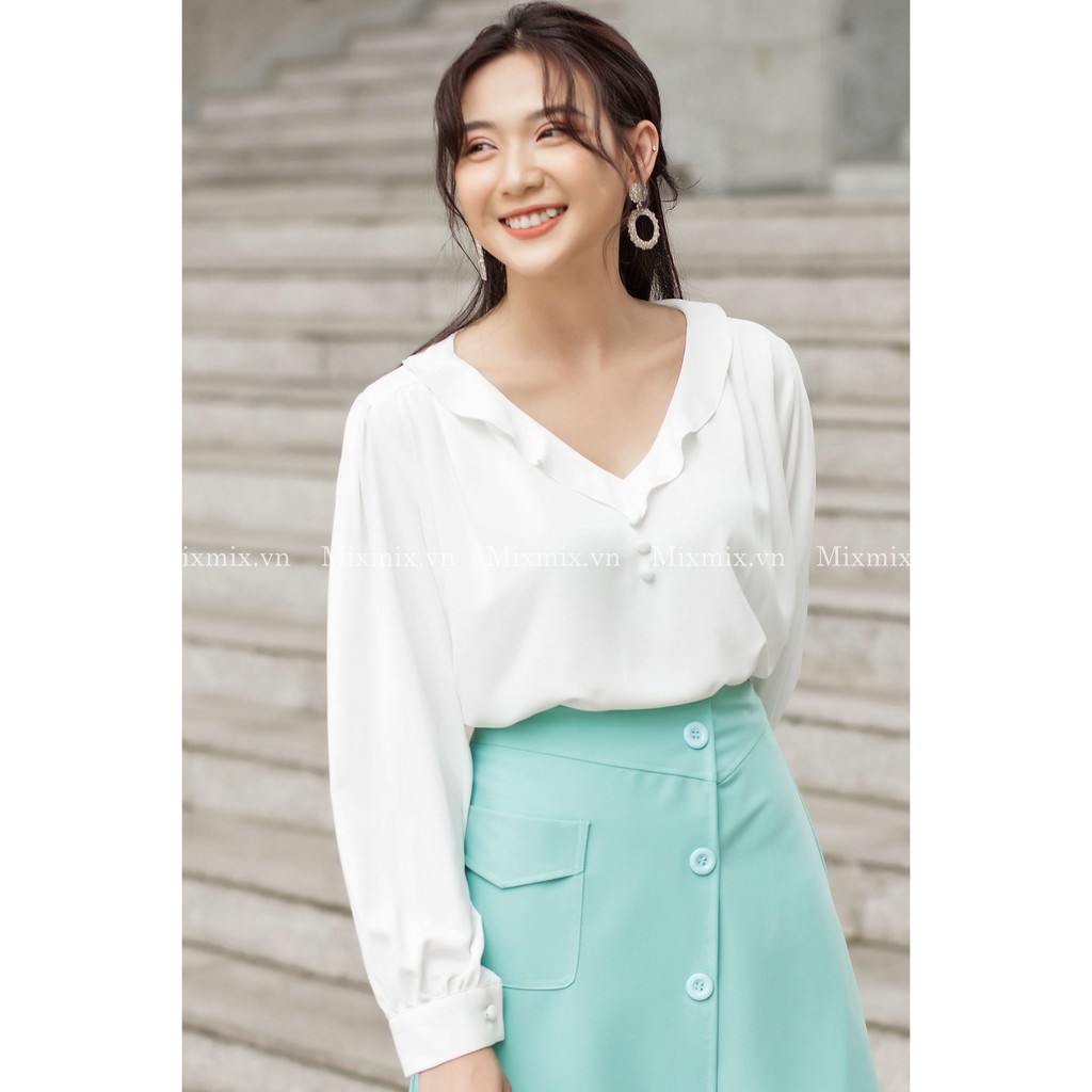 Áo lụa cổ tim viền bèo - MIXMIX - Hàng thiết kế- Hình chụp thật 100%