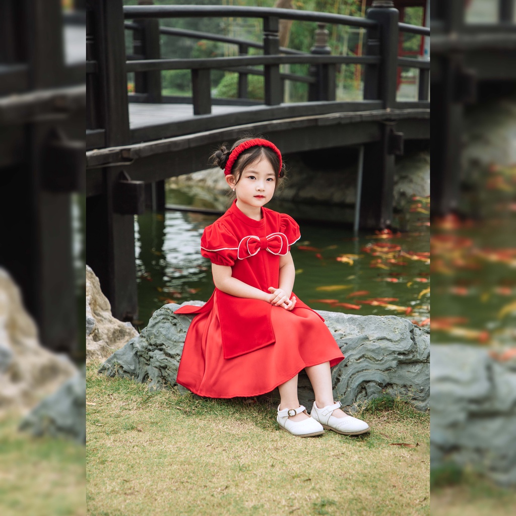 Áo dài cho bé gái ILABY thiết kế nhung viền trước ngực [IG0686]
