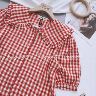 Áo sơ mi kẻ tay bồng cổ sen