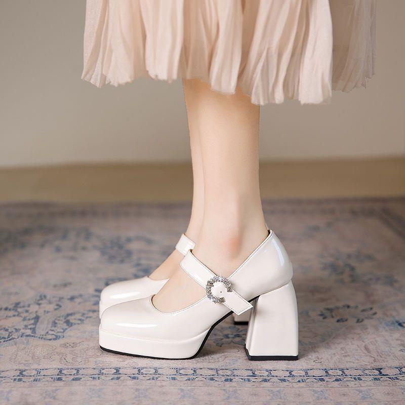 Giày Cao Gót Da Đế Xuồng Màu Đen Phong Cách retro Pháp