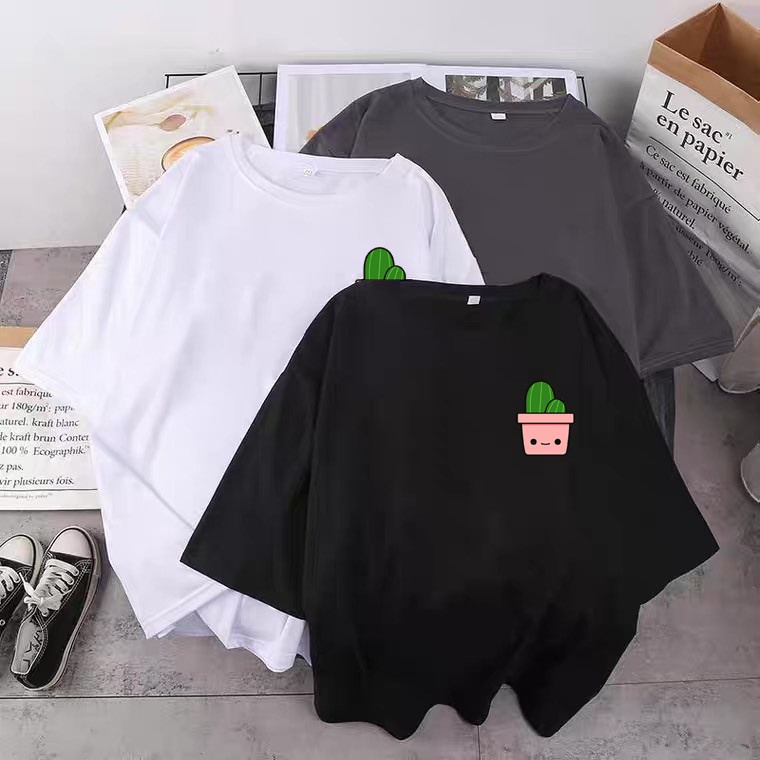 ÁO THUN TAY LỠ UNISEX IN CHẬU CÂY XƯƠNG RỒNG HAI MÀU ĐEN VÀ TRẮNG