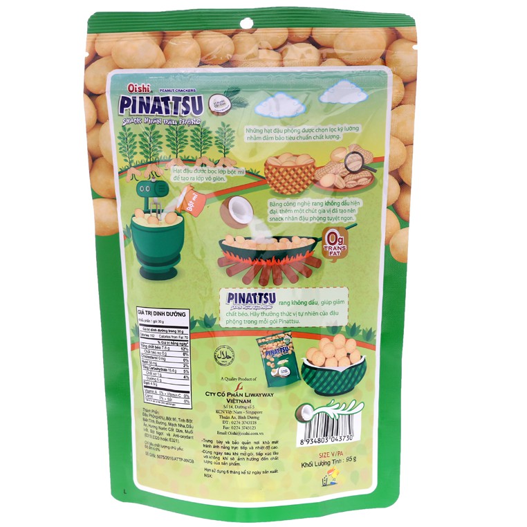 Snack nhân đậu phộng vị nước cốt dừa Pinattsu Oishi gói 95g