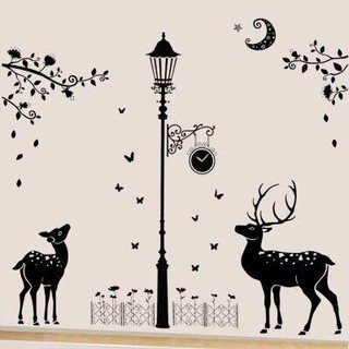 combo 2 bức decal dán tường mẫu cột đèn đen kết hợp hươu đen sang chảnh mới