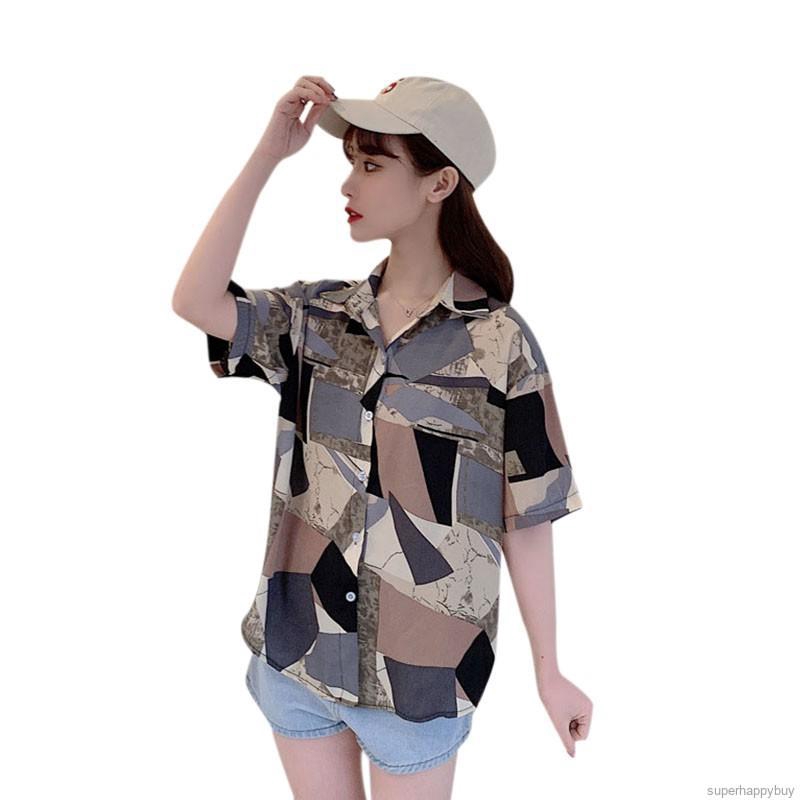 Women's Retro Shirts Printed Short Sleeve Loose Casual Shirts Tops
