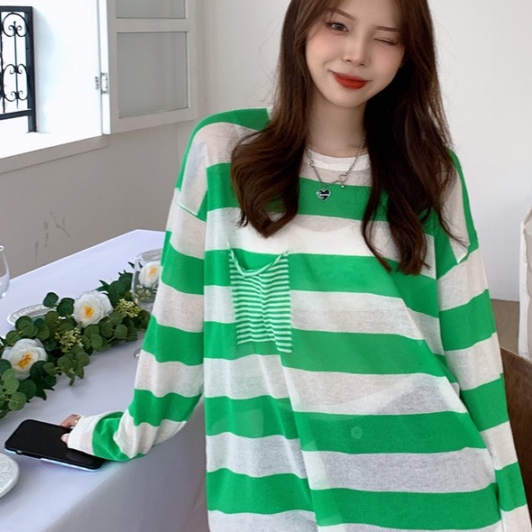 【ZHELIHANGFEI】Áo Thun Tay Dài Họa Tiết Sọc Thời Trang Sành Điệu Cho Nữ