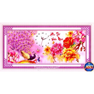 Tranh đính đá, tranh thêu chữ thập đồng hồ con công hoa mẫu đơn, phu thê viên mãn DF454 (95*45cm), LV3161 (88*38cm) – Tự
