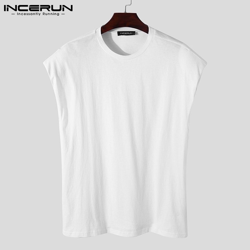 Áo sát nách INCERUN vải cotton dáng rộng cổ tròn màu trơn thời trang dành cho nam giới