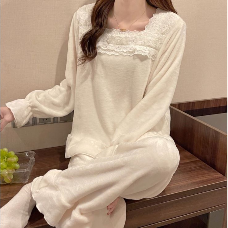 Pijama nữ dài nhung mịn cho mùa thu, đông phối cổ ren hàn quốc