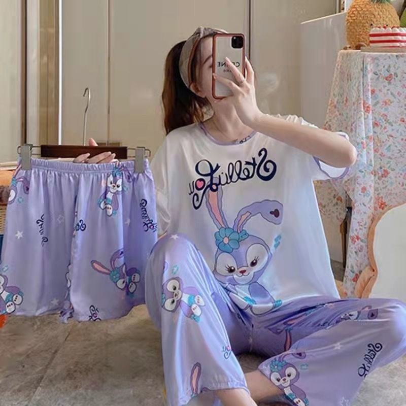 Bộ Đồ Ngủ Ba Món Áo Tay Ngắn Phối Quần Short Họa Tiết Hoạt Hình Dễ Thương Thời Trang Mùa Hè Cho Bạn Gái