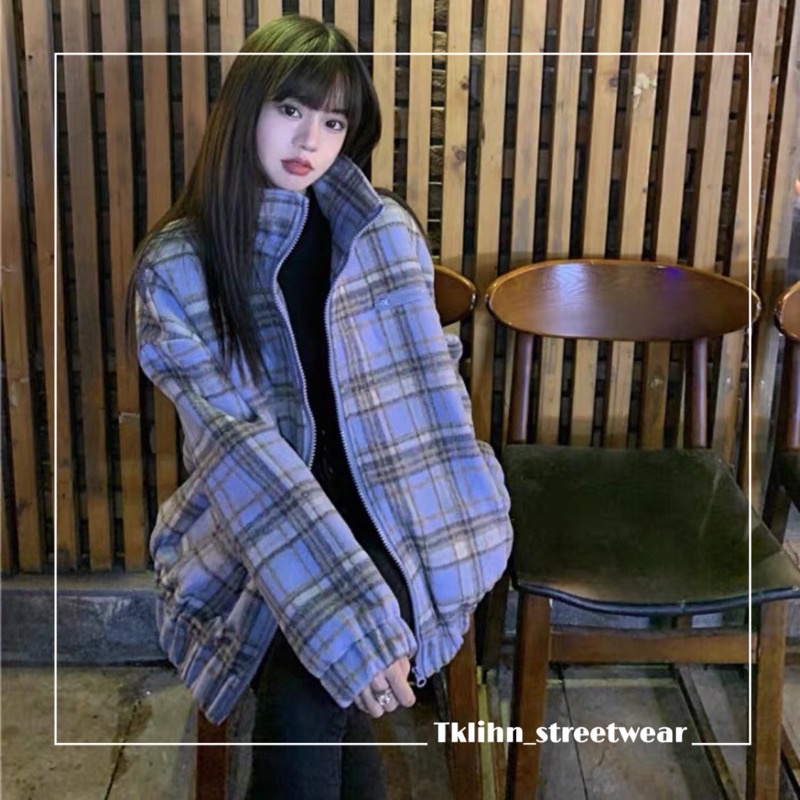 TKLIHN Áo khoác dạ kẻ caro Ulzzang cao cổ hot FASHIONITA 2021