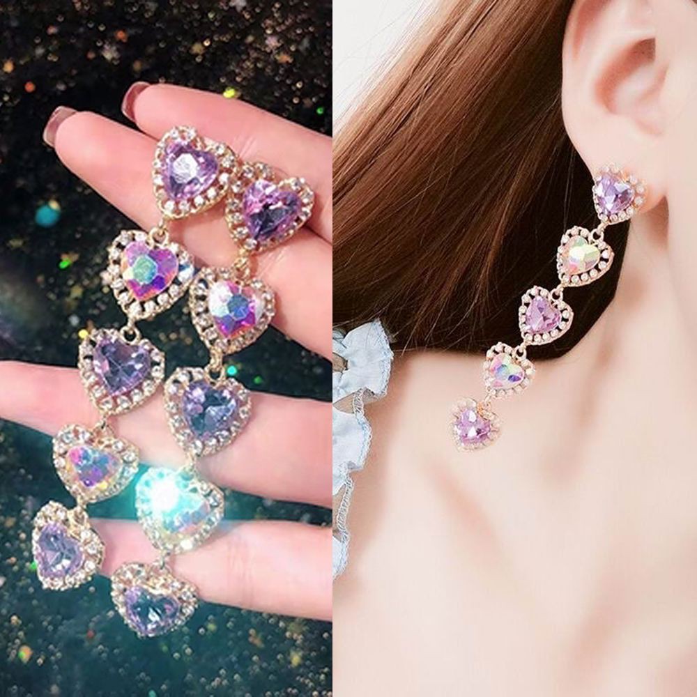 Hoa tai dáng dài gắn pha lê hình trái tim thời trang cho nữ