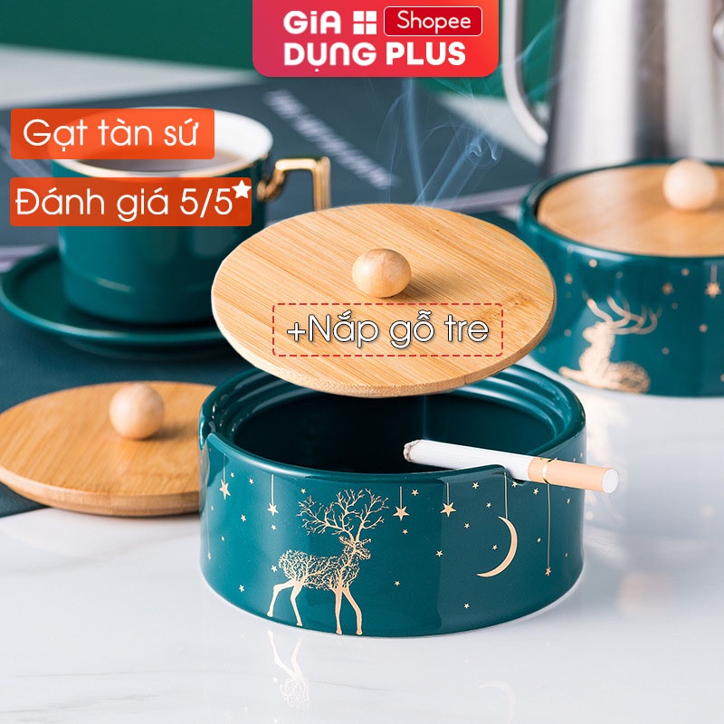 Gạt Tàn Thuốc Lá Sứ Kèm Nắp Gỗ Tre Xanh Ngọc Bắc Âu Kèm Hoạ Tiết Hươu Quý Tộc Sang Trọng