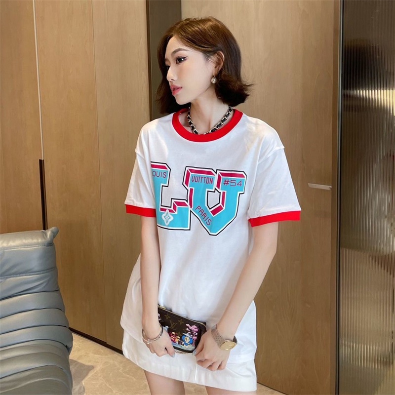 L &amp; V Áo Thun Tay Ngắn Màu Tương Phản In logo Trước Cổ Điển Tương Phản Thời Trang Thường Ngày Cho Nam Và Nữ