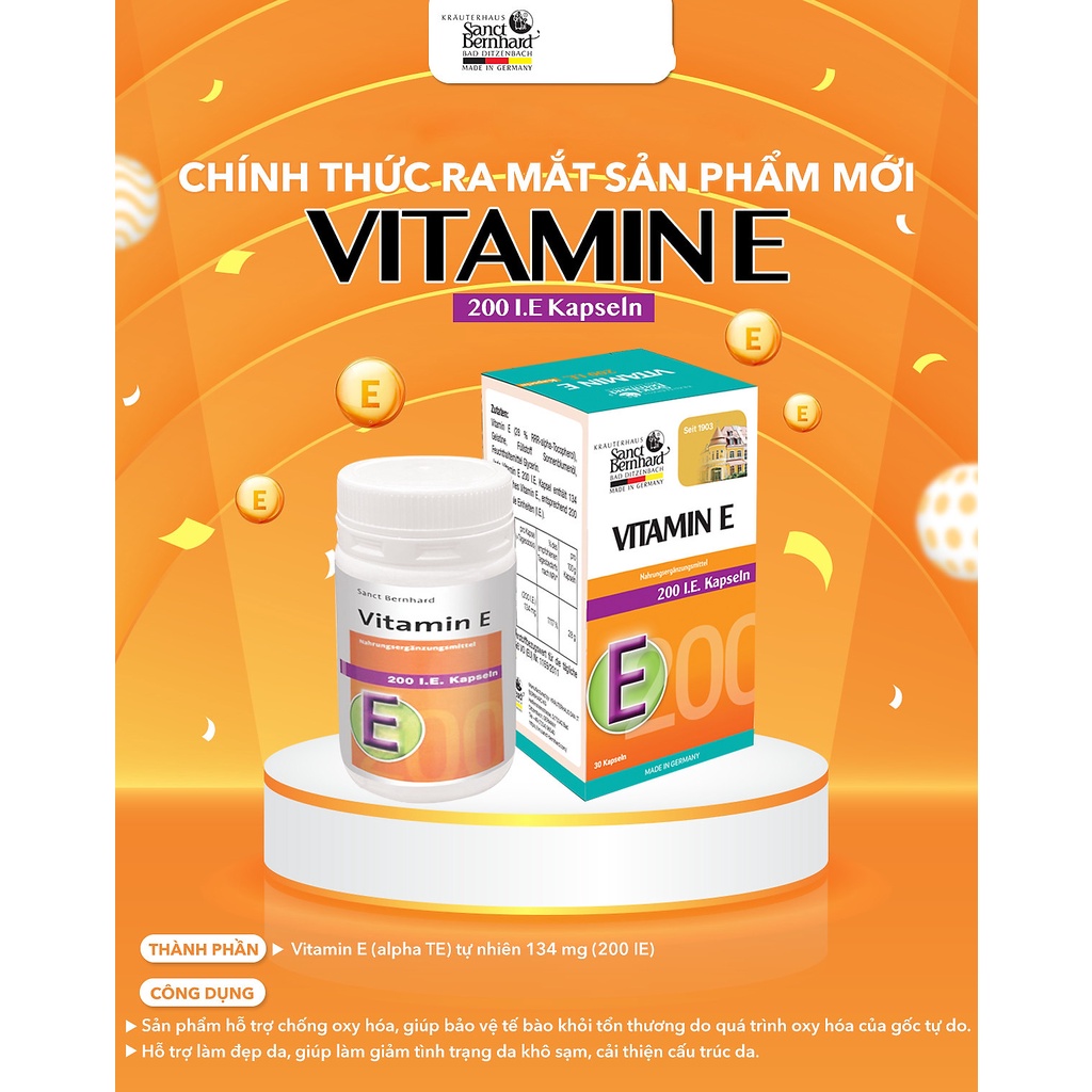 Vitamin E Kapseln hỗ trợ làm đẹp da, chống oxy hóa, ngăn ngừa lão hóa Sanct Bernhard Đức