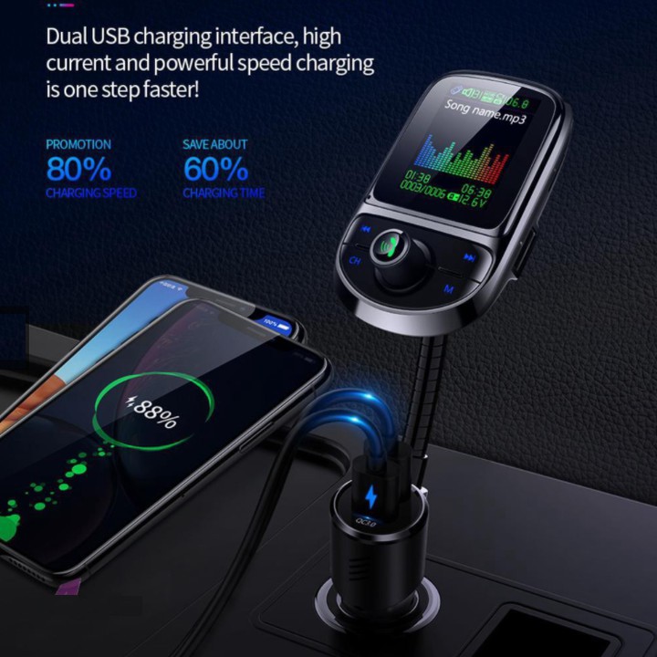 Tẩu nghe nhạc bluetooth cao cấp thương hiệu Hyundai C85 - Sạc Nhanh QC 3.0 - Xoay 360 ° - Bluetooth 5.0 - Hàng Nhập Khẩu