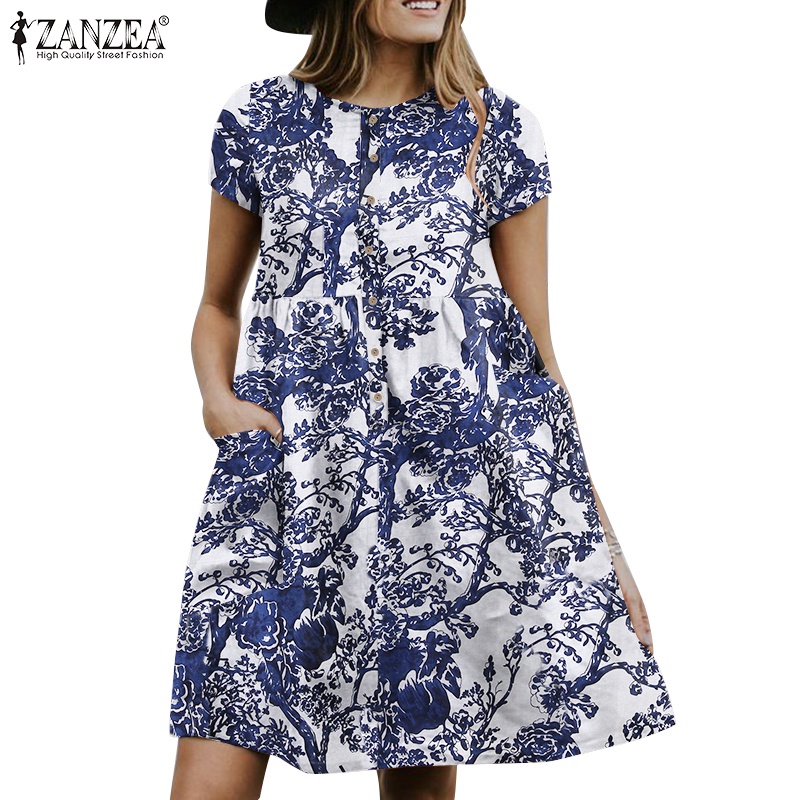 Zanzea Đầm Tay Ngắn In Họa Tiết Hoa Phong Cách Bohemian Thời Trang Đi Biển Xinh Xắn Cho Nữ