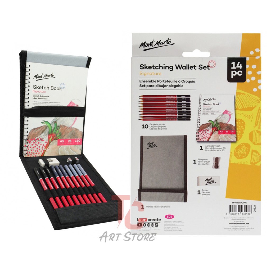 Bộ 14 Món Vẽ Chì, Phác Thảo Mont Marte Sketching Set (MMGS0029) ( 10 bút chì, sổ, gôm, gọt chì, ví đựng bút)