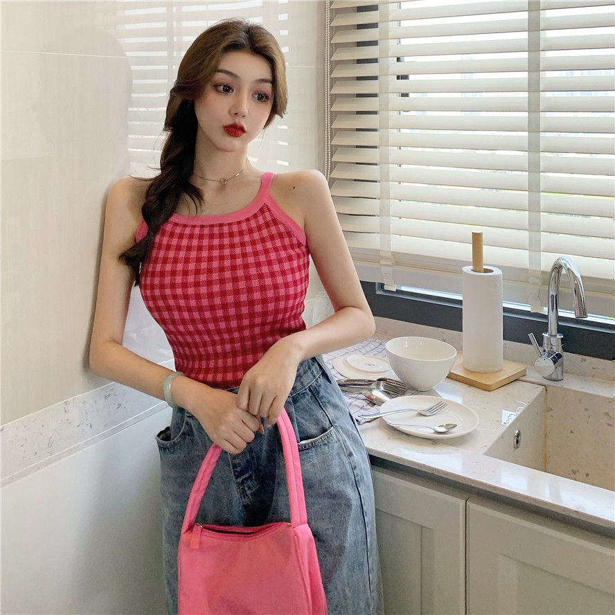 Áo hai dây dệt kim dáng ôm kiểu sọc caro thời trang năng động dành cho nữ