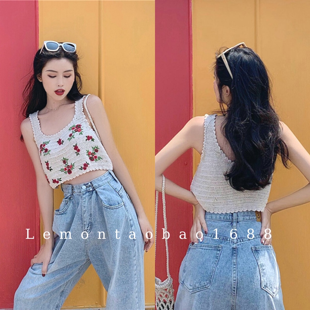 [ Sẵn ] Ảnh thật Áo ba lỗ dệt kim thêu hoa đi biển chất đẹp Lemontaobao1688