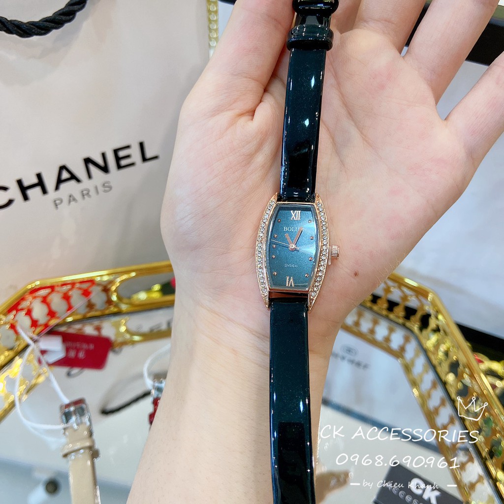 Đồng hồ nữ Bolun dây da mặt hình thùng rượu viền đá ảnh thật