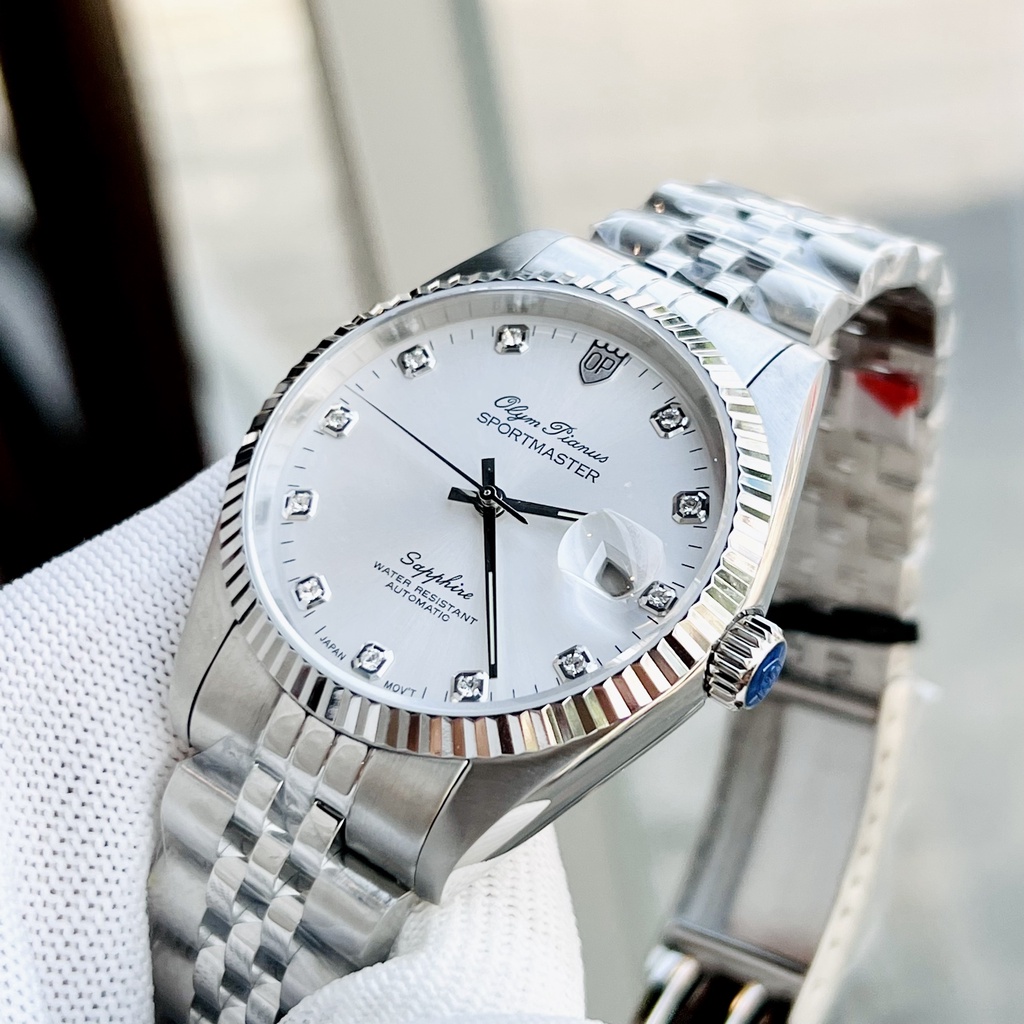 Đồng hồ nam máy cơ cao cấp đính đá Olym Pianus dây thép mặt trắng kính Sapphire chống trầy Bảo hành 5 năm Hyma watch