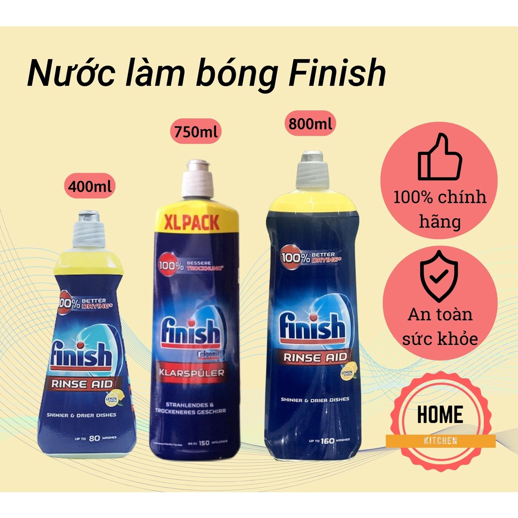 Nước làm bóng máy rửa bát Finish (750ml/800ml), dầu bóng Finish. Bảo vệ - làm bóng bát đĩa,loại bỏ đốm cặn.Sấy khô nhanh