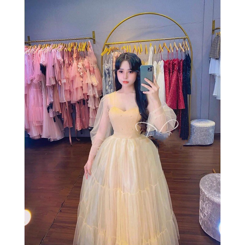 ĐẦM XÒE KIM TUYẾN TAY DÀI ĐÍNH CƯỜM