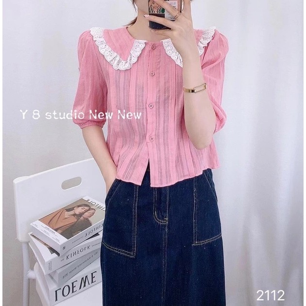 Áo Kiểu Sọc Gân Tay Lỡ Bo, Cổ Sen Viền Ren Hoa