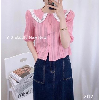 Áo Kiểu Sọc Gân Tay Lỡ Bo, Cổ Sen Viền Ren Hoa