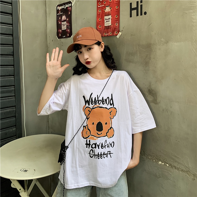 Áo Thun Tay Lỡ Nữ HappyFamily Họa Tiết Gấu Đáng Yêu Weekend Have Fun Chất Cotton 100 Cao Cấp