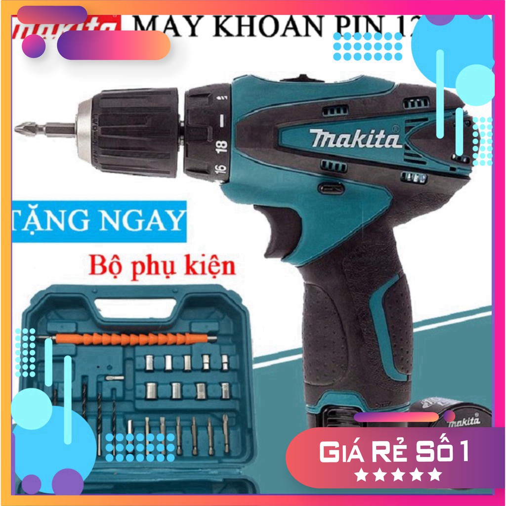 [Chính Hãng] Máy khoan pin makita 12V – KHOAN – BẮT VÍT – VẶN ỐC tặng kèm hộp 24 chi tiết . .