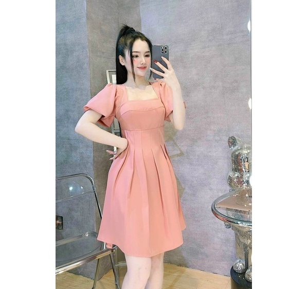 Váy đầm nữ dáng xòe tay phồng cổ vuông xếp ly eo