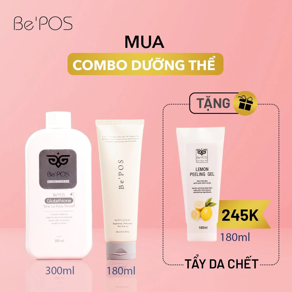 Combo Sữa tắm nâng tông da Be'POS + Kem dưỡng thể Be’POS [tặng Tẩy da chết]