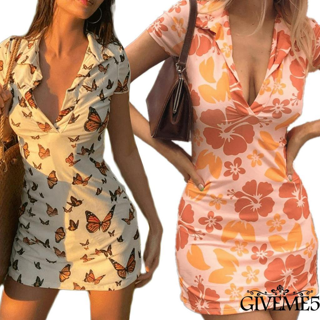 Đầm Ngắn Tay In Họa Tiết Hoa / Bướm Gợi Cảm Cho Nữ