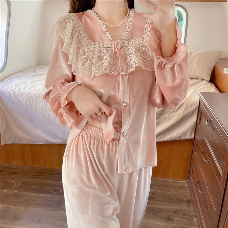 New BTS 2022 BỘ ĐỒ TIỂU THƯ ULZZANG NHUNG PHỐI REN DÀI TAY CAO CẤP rẻ nhất shopee